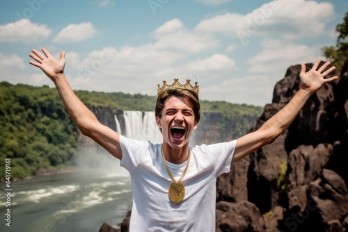Medium shot portrait photography of a content boy in his 20s striking a victory pose donning a sparkling tiara at the victoria falls in livingstone zambia. With generative AI technology