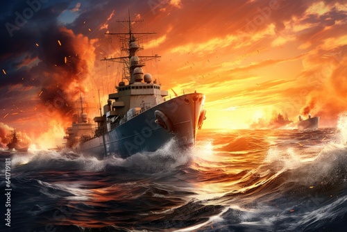 Epic battle of large naval ships on the open sea © YouraPechkin
