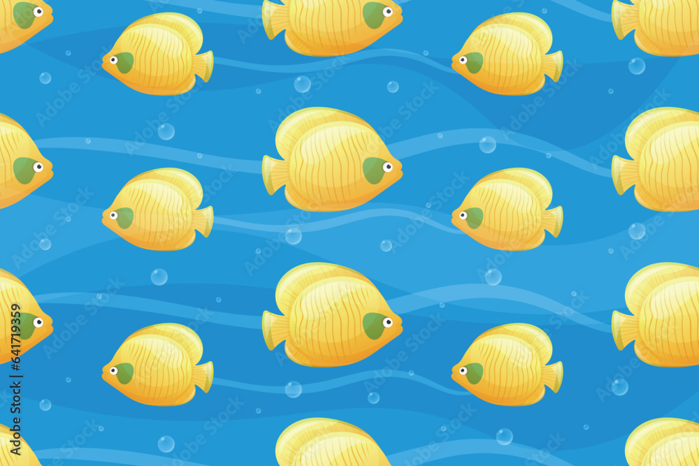Tropical yellow marine butterflyfish. Vector seamless cartoon pattern. Tropical yellow marine butterflyfish. Vector seamless cartoon pattern.