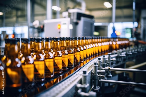 Process of beverage manufacturing on a conveyor belt at a factory.