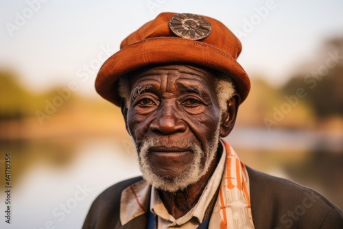 Headshot portrait photography of a blissful old man tilting head donning an ornate brooch at the victoria falls in livingstone zambia. With generative AI technology © Markus Schröder