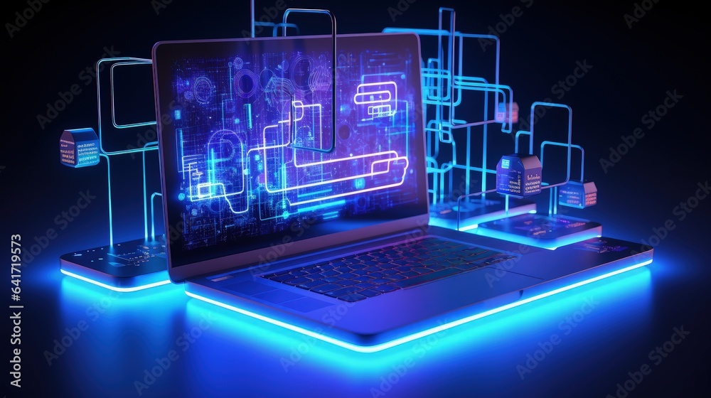 Laptop with technological details in the background, concept of networking and technology. Generative AI Laptop with technological details in the background, concept of networking and technology. Generative AI