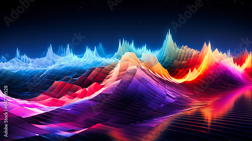 An abstract representation of quantum decoherence  with waves of colors diffusing amidst a backdrop of qubits