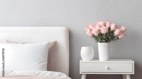 Serenity by Design: Soft Pink Roses on Tranquil White Nightstand