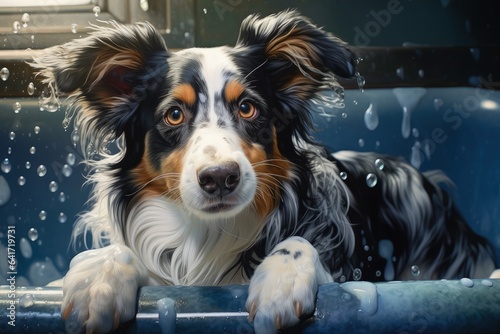 Cute soapy dog taking a bath, pet shop and animal care. Generative AI