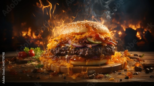 Big tasty cheeseburger on wooden board with fire on background. 