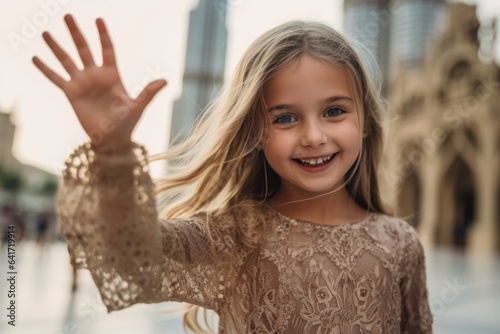 Close-up portrait photography of a blissful kid female waving hello wearing an intricate lace top in front of the burj khalifa in dubai uae. With generative AI technology