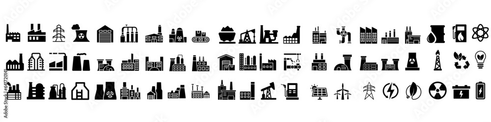 Industrial factories vector icon set. Factory illustration sign collection. Industry power symbol. chemical manufacturing building logo. nuclear energy plant icons.
