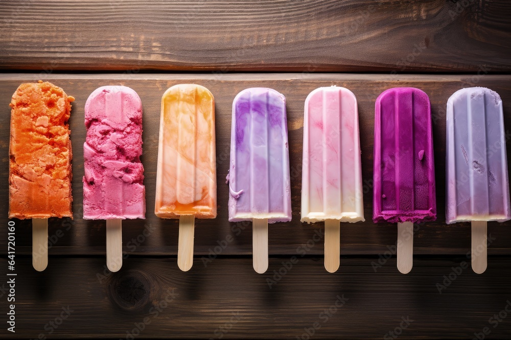 Various colorful delicious popsicles, wooden background. Generative AI Various colorful delicious popsicles, wooden background. Generative AI
