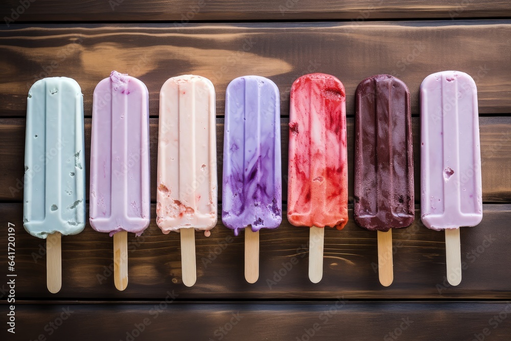 Various colorful delicious popsicles, wooden background. Generative AI Various colorful delicious popsicles, wooden background. Generative AI
