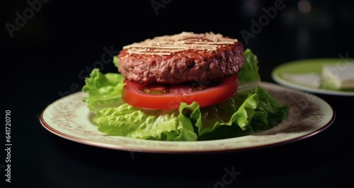 Hamburger steak on a plate with lettuce, fast food concept. Generative AI