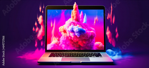 Watch as a rocket adorned with a cloud soars past a laptop, embodying the convergence of technology and innovation