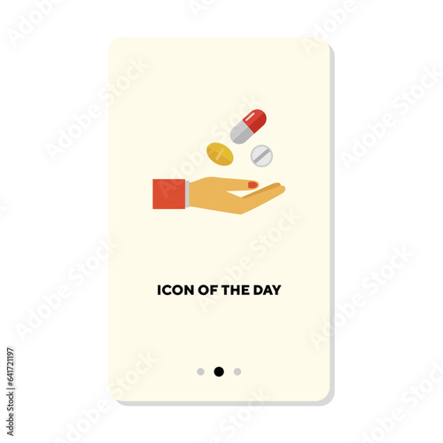 Medical treatment flat icon. Female hand catching falling pills and capsules with medicine isolated vector sign. Medicine and pharmacy concept. Vector illustration symbol element