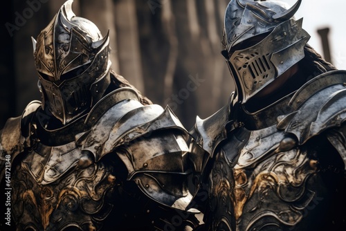 Imposing medieval knights with armor, concept of fantasy and middle ages. Generative AI