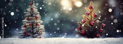 Christmas trees and falling snowflakes, holiday and celebration concept. Generative AI