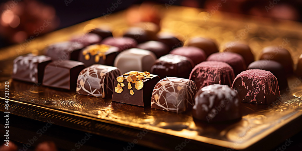 A beautifully arranged assortment of fine chocolates, each delicately designed to represent indulgence and elegance. Indulgent Chocolate Assortment. Fine Delights