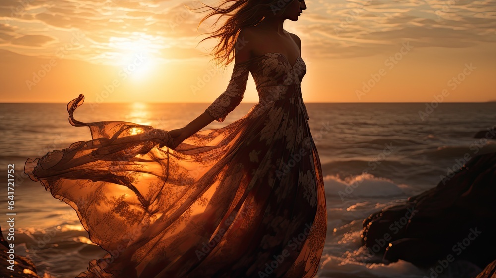 Model draped in an ethereal maxi dress, her silhouette captured against a setting sun, narrating tales of dreamy elegance