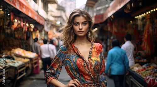 Model in a vibrant, patterned dress, standing amidst a bustling market, capturing the essence of global fashion