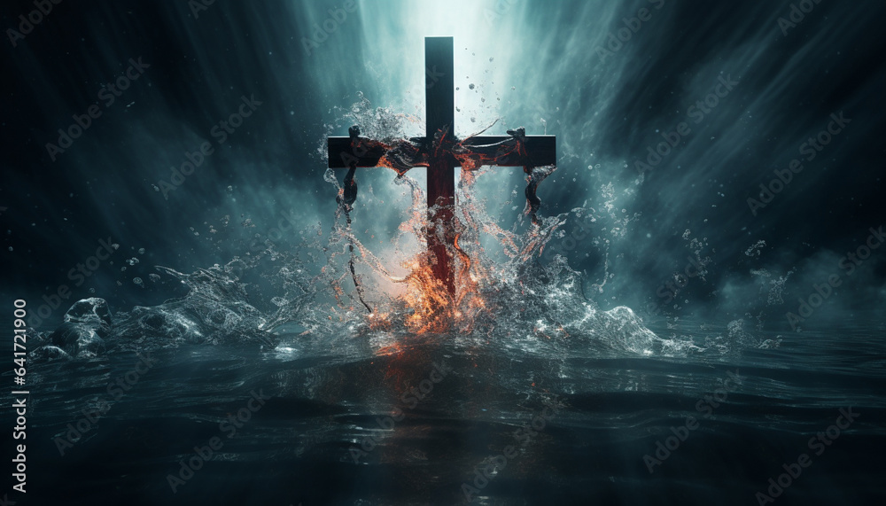 A symbol of power and spirituality, a cross emerges from water, accompanied by ethereal blue flames that illuminate its profound significance. - obrazy, fototapety, plakaty 