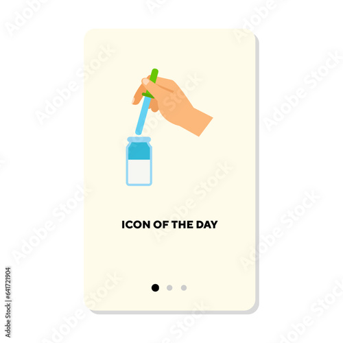 Lab analyses flat vector icon. Scientist adding drop of chemical reagent to container isolated vector sign. Exploration and research concept. Vector illustration symbol elements for web