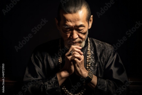 Studio portrait photography of a tender mature man rubbing eyes showing off a chic pearl necklace at the palace museum (forbidden city) in beijing china. With generative AI technology
