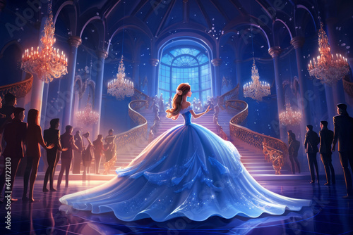 ブルーのドレスを着た美しいプリンセスが、夜の王宮のダンスホールの舞踏会で踊っている photo