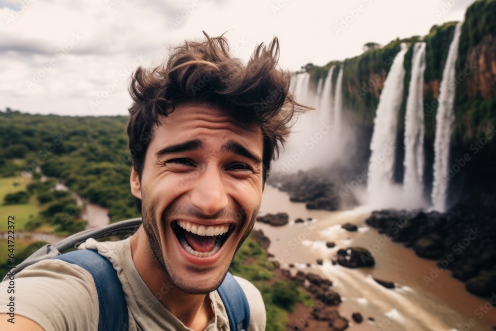 Close-up portrait photography of a grinning boy in his 30s pointing forward donning a delicate lace choker at the iguazu falls argentina-brazil border. With generative AI technology Close-up portrait photography of a grinning boy in his 30s pointing forward donning a delicate lace choker at the iguazu falls argentina-brazil border. With generative AI technology