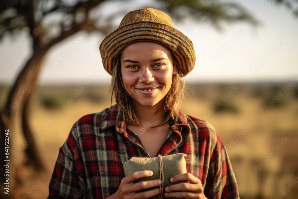 Medium shot portrait photography of a glad girl in her 20s holding a gift dressed in a relaxed flannel shirt at the serengeti national park tanzania. With generative AI technology - obrazy, fototapety, plakaty 