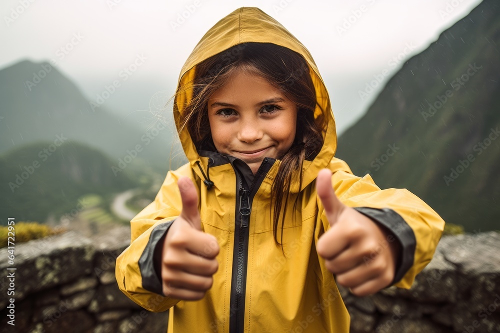 Medium shot portrait photography of a satisfied kid female giving a thumbs down sign wearing a lightweight packable anorak at the machu picchu in cusco region peru. With generative AI technology