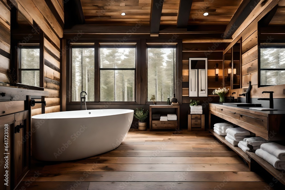 Fototapeta premium modern bathroom interior, Amazing bathroom with wooden wall and floor