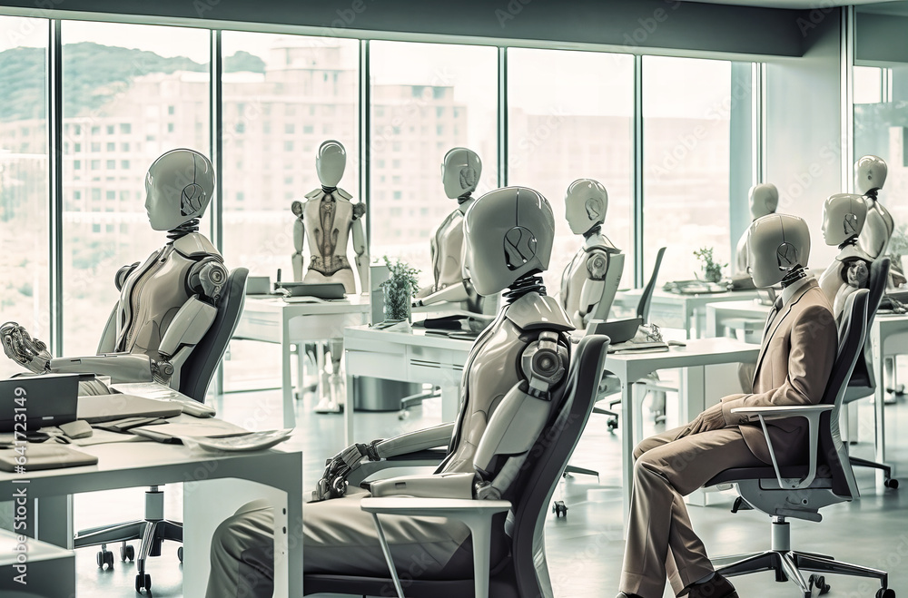 In an office bustling with efficiency, a group of robotic mannequins collaborates seamlessly, showcasing the fusion of automation and workspace In an office bustling with efficiency, a group of robotic mannequins collaborates seamlessly, showcasing the fusion of automation and workspace
