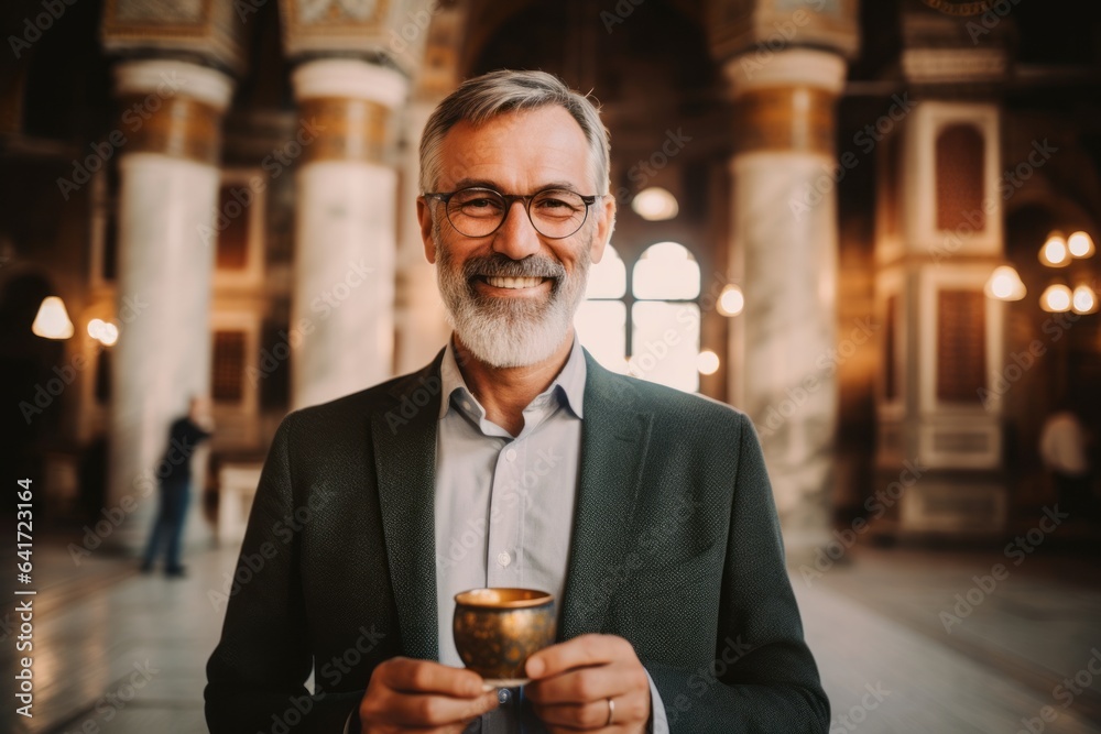 Headshot portrait photography of a happy mature man holding a cup of coffee showing off a chic pearl necklace at the hagia sophia in istanbul turkey. With generative AI technology