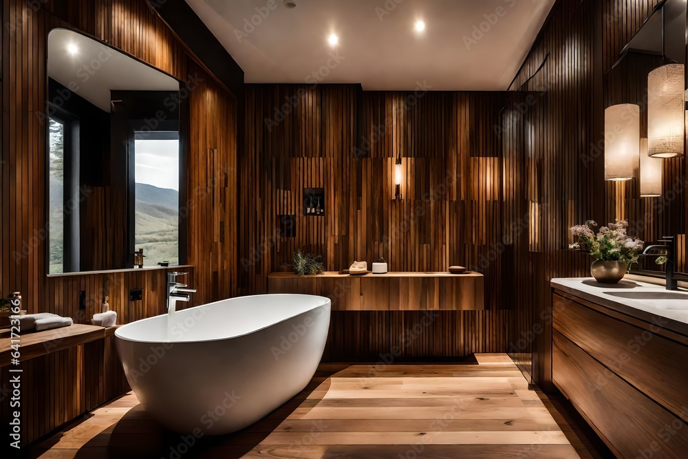 Fototapeta premium modern bathroom interior, Amazing bathroom with wooden wall and floor
