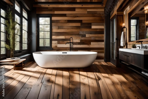 modern bathroom interior  Amazing bathroom with wooden wall and floor