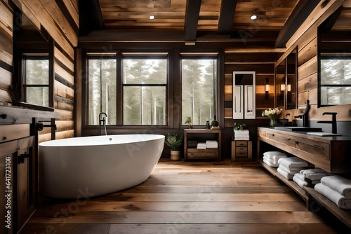 modern bathroom interior, Amazing bathroom with wooden wall and floor