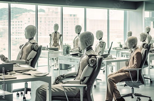 In an office bustling with efficiency  a group of robotic mannequins collaborates seamlessly  showcasing the fusion of automation and workspace