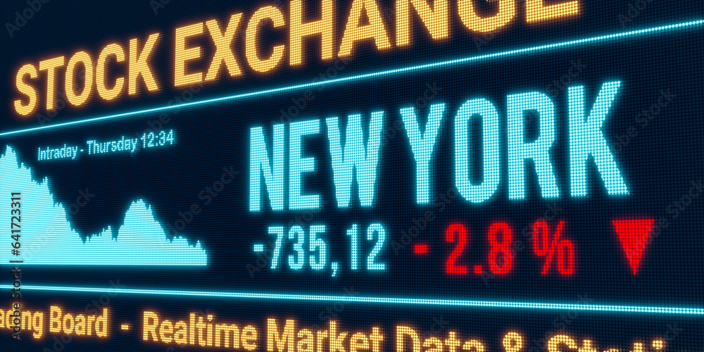 New York, stock market moving down. Negative stock exchange data, falling chart on the screen. Red percentage sign, loss and investment. 3D illustration