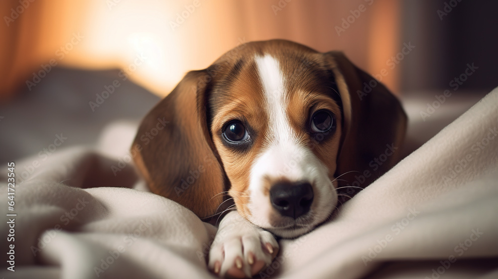 Closeup cute beagle puppy face showing out of the blanket on the bed. Digital illustration generative AI.