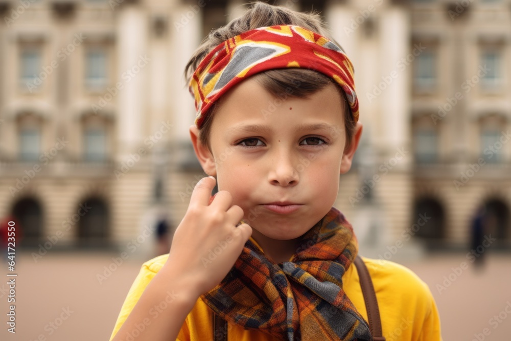Headshot portrait photography of a jovial kid male picking nose wearing a colorful bandana at the buckingham palace in london england. With generative AI technology Headshot portrait photography of a jovial kid male picking nose wearing a colorful bandana at the buckingham palace in london england. With generative AI technology