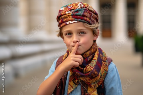 Headshot portrait photography of a jovial kid male picking nose wearing a colorful bandana at the buckingham palace in london england. With generative AI technology
