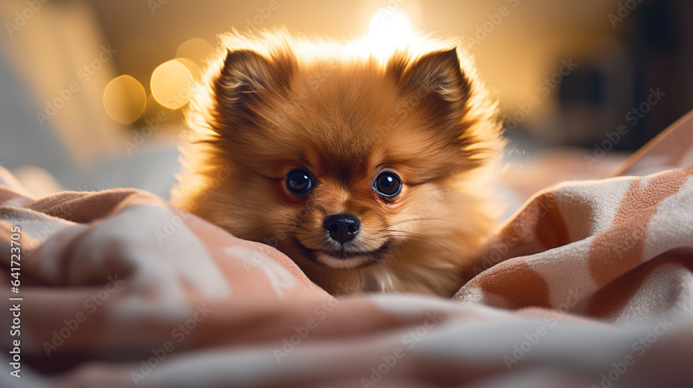 Closeup cute pomeranian puppy face showing out of the blanket on the bed. Digital illustration generative AI. Closeup cute pomeranian puppy face showing out of the blanket on the bed. Digital illustration generative AI.