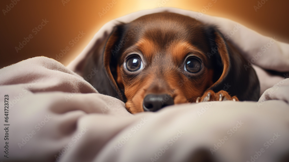 Closeup cute dachshund puppy face showing out of the blanket on the bed. Digital illustration generative AI.