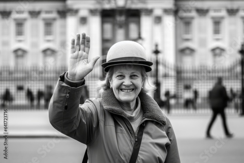 Headshot portrait photography of a jovial mature woman waving hello or goodbye sporting a practical bucket hat at the buckingham palace in london england. With generative AI technology