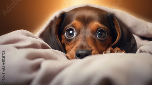 Closeup cute dachshund puppy face showing out of the blanket on the bed. Digital illustration generative AI.