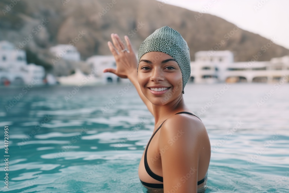 Medium shot portrait photography of a cheerful girl in her 30s saluting donning a sleek swim cap at the santorini island greece. With generative AI technology