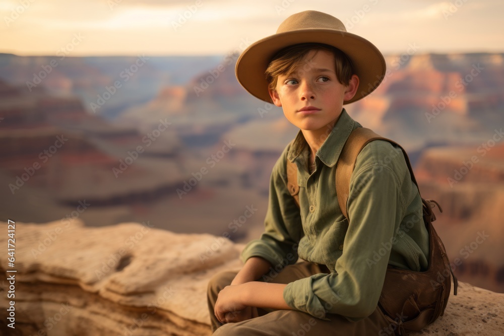 Environmental portrait photography of a content kid male rubbing chin wearing a rugged cowboy hat at the grand canyon in arizona usa. With generative AI technology