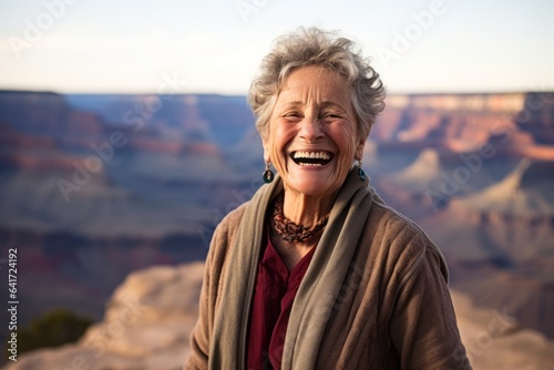 Medium shot portrait photography of a grinning mature woman miming a 'i don't know' shrug dressed in a classic turtleneck at the grand canyon in arizona usa. With generative AI technology