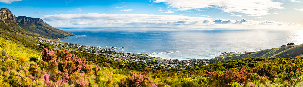 View of Camps bay from Kloof Corner hike at sunset in Cape Town, Western Cape, South Africa