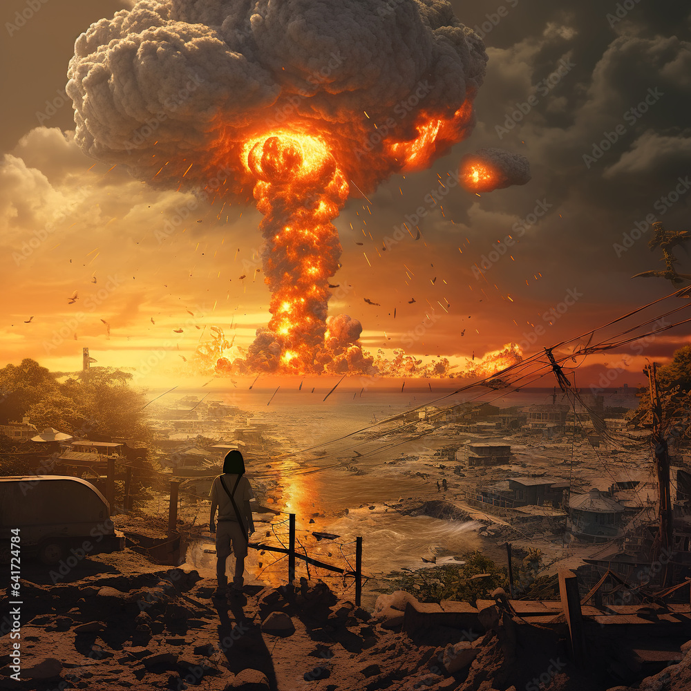 Obraz premium Nuclear war concept. The explosion of nuclear bomb. Creative art decoration in darkness. A person's outline opposes the giant mushroom cloud of atomic explosion.
