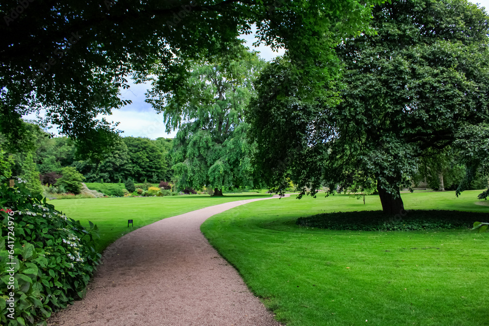 The inside view of Stirling castle garden with green trees. Stirling city, Scotland, England, UK. Travel and nature scene.